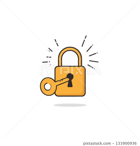 Illustration of key unlocking golden padlock depicts security data protection system access metaphor Illustration of key unlocking golden padlock depicts security data protection system access metaphor 133900936