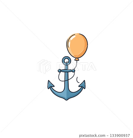 Whimsical nautical illustration featuring a blue anchor gracefully holding a cheerful orange 133900937