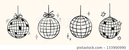 Disco balls vector doodle illustrations set. Whimsical outline sketch with cute stars Disco balls vector doodle illustrations set. Whimsical outline sketch with cute stars 133900990