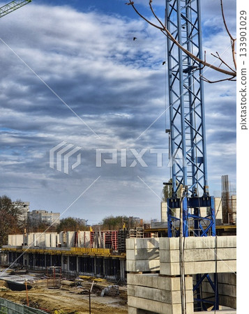The image is dominated by the tall, blue section of a tower crane in the foreground, a typical feature of any large construction site. The image is dominated by the tall, blue section of a tower crane in the foreground, a typical feature of any large construction site. 133901029