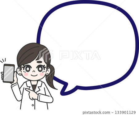A woman in a white coat pointing at a smartphone and a speech bubble 133901129