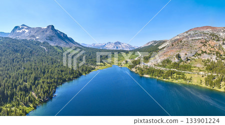 Aerial Tioga Lake Sierra Nevada Mountains Forest and Road Panorama 133901224