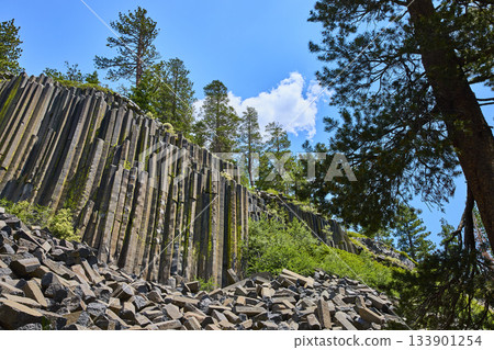 Basalt Column Formation Devils Postpile with Pine Trees and Rocky Debris Under Blue Sky Basalt Column Formation Devils Postpile with Pine Trees and Rocky Debris Under Blue Sky 133901254