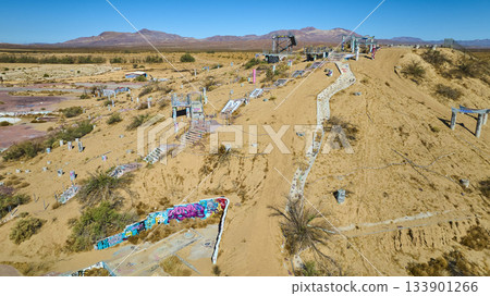 Aerial Abandoned Water Park Graffiti Desert Landscape California Aerial Abandoned Water Park Graffiti Desert Landscape California 133901266