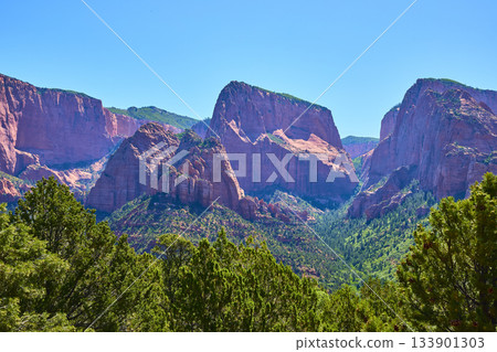 Kolob Canyon Red Rock Cliffs and Green Valley in Zion National Park Utah Kolob Canyon Red Rock Cliffs and Green Valley in Zion National Park Utah 133901303