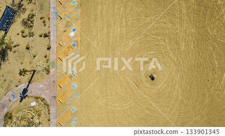 Aerial Abandoned Water Park Parking Lot Desert Graffiti California Top Down 133901345