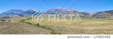 Aerial Sierra Nevada Mountains Panorama Open Plain and Clear Sky California 133901409