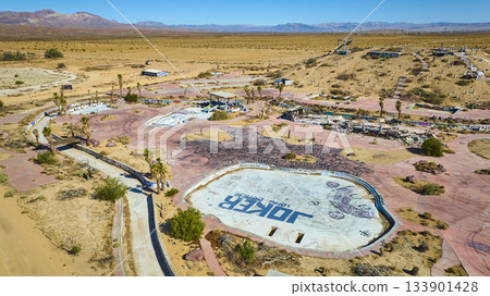 Aerial Abandoned Lake Dolores Water Park California Desert Graffiti Aerial Abandoned Lake Dolores Water Park California Desert Graffiti 133901428