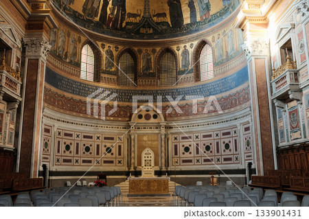 Archbasilica of Saint John Lateran interior Rome golden coffered ceiling marble columns statues ornate chapels baptistery and apse Catholic basilica Italy. High quality photo Archbasilica of Saint John Lateran interior Rome golden coffered ceiling marble columns statues ornate chapels baptistery and apse Catholic basilica Italy. High quality photo 133901431
