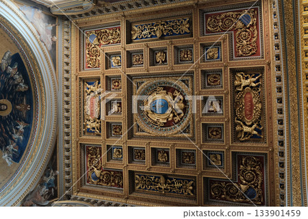 Archbasilica of Saint John Lateran interior Rome golden coffered ceiling marble columns statues ornate chapels baptistery and apse Catholic basilica Italy. High quality photo 133901459