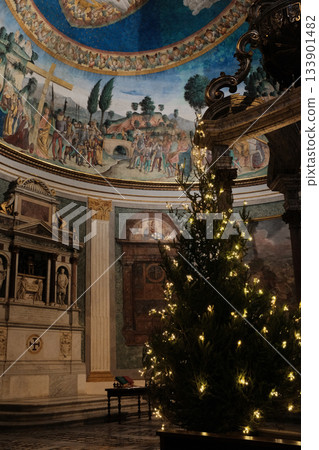 Basilica of the Holy Cross in Jerusalem Rome apse with mosaic baldachin and nativity scene Christmas decorations ornate Catholic church interior editorial use only. High quality photo Basilica of the Holy Cross in Jerusalem Rome apse with mosaic baldachin and nativity scene Christmas decorations ornate Catholic church interior editorial use only. High quality photo 133901482