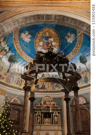 Basilica of the Holy Cross in Jerusalem Rome apse with mosaic baldachin and nativity scene Christmas decorations ornate Catholic church interior editorial use only. High quality photo Basilica of the Holy Cross in Jerusalem Rome apse with mosaic baldachin and nativity scene Christmas decorations ornate Catholic church interior editorial use only. High quality photo 133901488