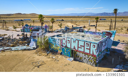 Aerial Abandoned Water Park Graffiti Buildings and Palm Trees California Desert Aerial Abandoned Water Park Graffiti Buildings and Palm Trees California Desert 133901501
