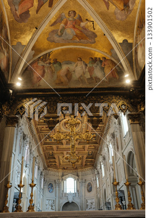 Archbasilica of Saint John Lateran interior Rome golden coffered ceiling marble columns statues ornate chapels baptistery and apse Catholic basilica Italy. High quality photo Archbasilica of Saint John Lateran interior Rome golden coffered ceiling marble columns statues ornate chapels baptistery and apse Catholic basilica Italy. High quality photo 133901502