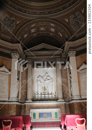 Archbasilica of Saint John Lateran Rome exterior facade and grand baroque interior with golden coffered ceiling vast nave marble statues side chapels ornate altar apse and dome Catholic basilica 133901504