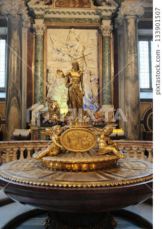 Basilica of Saint Mary Major Rome ornate gilded altar with reliquary marble columns baroque chapel interior sacred art vertical composition editorial use only. High quality photo 133901507