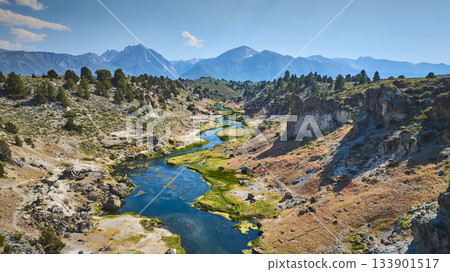 Aerial Hot Creek Geologic Site River and Geothermal Landscape Mammoth Lakes Aerial Hot Creek Geologic Site River and Geothermal Landscape Mammoth Lakes 133901517