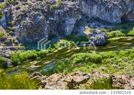 River Flowing Through Rocky Geothermal Landscape with Lush Green Vegetation 133901520
