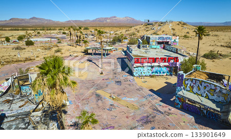 Aerial Abandoned Water Park Graffiti Desert Landscape California 133901649