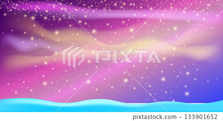 Realistic cartoon Christmas snow hills with falling snowflakes and northern lights background. Winter wide landscape design element with blue snow. Minimal north pole composition with snowy fields 133901652