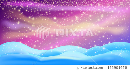 Realistic cartoon Christmas snow hills with falling snowflakes and northern lights background. Winter wide landscape design element with blue snow. Minimal north pole composition with snowy fields Realistic cartoon Christmas snow hills with falling snowflakes and northern lights background. Winter wide landscape design element with blue snow. Minimal north pole composition with snowy fields 133901656