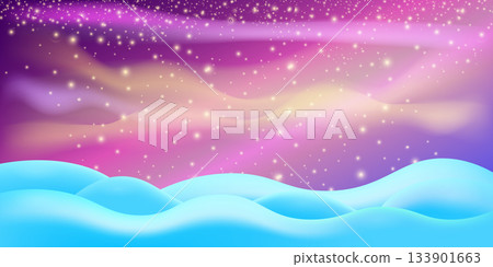 Realistic cartoon Christmas snow hills with falling snowflakes and northern lights background. Winter wide landscape design element with blue snow. Minimal north pole composition with snowy fields Realistic cartoon Christmas snow hills with falling snowflakes and northern lights background. Winter wide landscape design element with blue snow. Minimal north pole composition with snowy fields 133901663