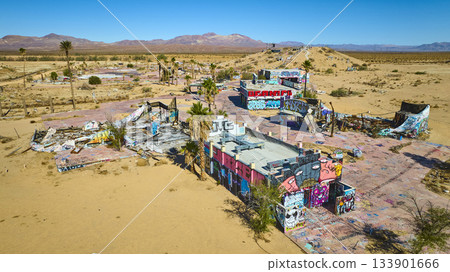 Aerial Abandoned Water Park Graffiti Structures in California Desert Aerial Abandoned Water Park Graffiti Structures in California Desert 133901666