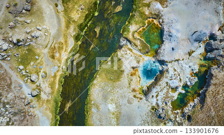 Aerial Hot Creek Geologic Site River and Geothermal Pools Top Down Aerial Hot Creek Geologic Site River and Geothermal Pools Top Down 133901676