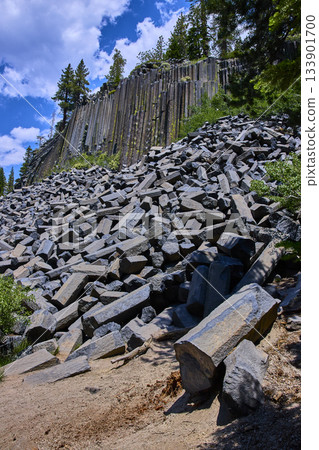 Devils Postpile Basalt Columns and Rocky Talus Field with Pine Trees Under Blue Sky Devils Postpile Basalt Columns and Rocky Talus Field with Pine Trees Under Blue Sky 133901700