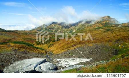 立山高原巴士窗外景色:秋天的室堂,殘雪和大日山脈,富山縣 立山高原巴士窗外景色:秋天的室堂,殘雪和大日山脈,富山縣 133901707