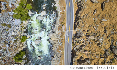 Aerial Kern River Cascades Winding Road and Rocky Landscape Top Down Aerial Kern River Cascades Winding Road and Rocky Landscape Top Down 133901713
