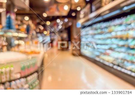 Grocery store aisle and shelves interior blurred background 133901784