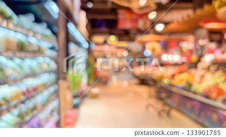 Grocery store aisle and shelves interior blurred background Grocery store aisle and shelves interior blurred background 133901785