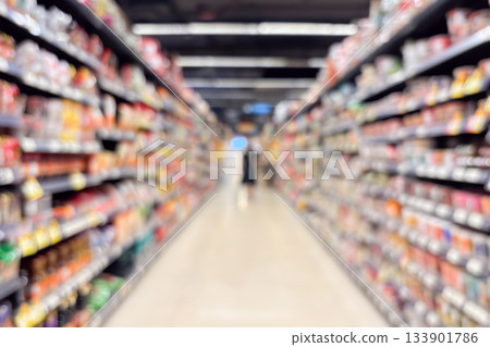 Grocery store aisle and shelves interior blurred background 133901786