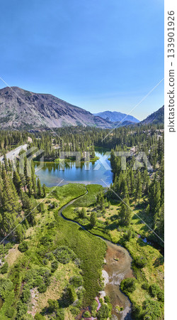 Aerial Tioga Lake Mountain Panorama with Winding Stream and Forest California 133901926