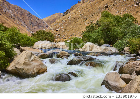 Kern River Waterfall with Boulders and Greenery in Sequoia National Forest 133901970