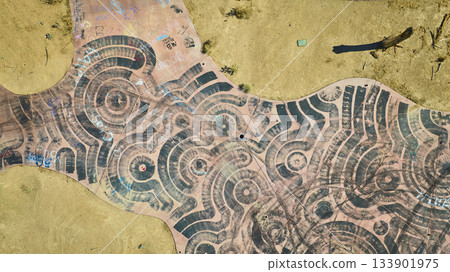 Aerial Abandoned Water Park Graffiti Pool and Desert Landscape California Aerial Abandoned Water Park Graffiti Pool and Desert Landscape California 133901975