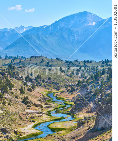 Aerial Hot Creek Geologic Site River Sierra Nevada Mountains Panorama 133902081