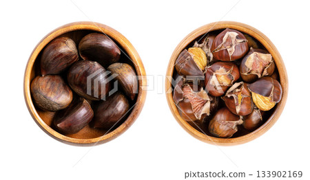 Sweet chestnuts, raw and freshly roasted, in wooden bowls. Whole, unshelled fruits of Castanea sativa on the left, and roasted in the oven, on the right. Popular autumn and winter street food. Photo Sweet chestnuts, raw and freshly roasted, in wooden bowls. Whole, unshelled fruits of Castanea sativa on the left, and roasted in the oven, on the right. Popular autumn and winter street food. Photo 133902169