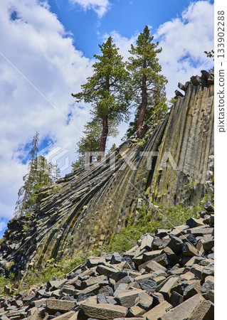 Basalt Columns and Pine Trees at Devils Postpile with Blue Sky and Rocky Foreground Basalt Columns and Pine Trees at Devils Postpile with Blue Sky and Rocky Foreground 133902288