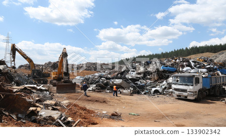 land with garbage, Garbage dump landscape of ecological damage contaminated land., plastic scrap in landfill, environmental problems pollution, waste or trash from household in waste landfill 133902342
