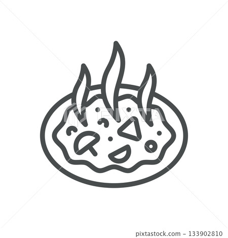 Fresh Hot Pizza Icon. Simple Line Illustration of Steaming Pizza with Herbs and Melting Cheese, Symbolizing Warm Homemade Meal, Aromatic Baked Food and Comfort Cooking. 133902810