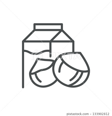Hazelnut Milk Icon. Thin Line Illustration of Carton and Whole Nuts, Representing Plant Based Hazelnut Beverage, Vegan Drink Alternative, and Organic Dairy Free Nutrition. Minimal Outline Vector Sign. 133902812