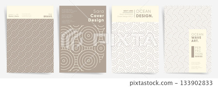 Neutral ocean wave line poster set. Minimal taupe and cream Japanese geometric covers for branding, brochure, flyer and packaging design. 133902833