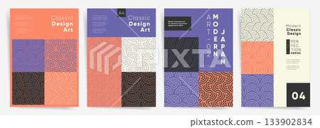 Classic abstract wave line poster set. Geometric Japanese pattern panels in coral, purple, black and cream. Modern vector cover templates. 133902834