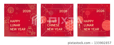 Happy Lunar New Year 2026 Square Template Set with Fans, Coins and Festive Icons. Modern Red and Gold Designs for Chinese Holiday Posts. Happy Lunar New Year 2026 Square Template Set with Fans, Coins and Festive Icons. Modern Red and Gold Designs for Chinese Holiday Posts. 133902857