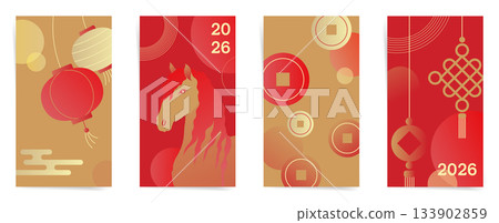 Lunar New Year 2026 Year of the Horse Vertical Stories Template Set. Modern Festive Designs with Lanterns, Horse Silhouette and Coins for Social Media. Lunar New Year 2026 Year of the Horse Vertical Stories Template Set. Modern Festive Designs with Lanterns, Horse Silhouette and Coins for Social Media. 133902859