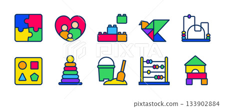Early Childhood Education Icons Set. Puzzles, Family Heart, Building Blocks, Tangram, Bead Maze, Shape Sorter, Stacking Rings, Sand Bucket, Abacus, House Blocks. Colorful Vector Pack. 133902884