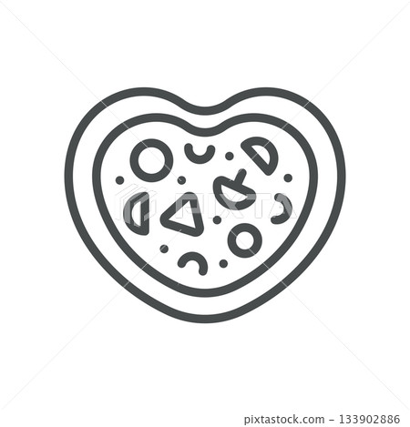 Heart Shaped Pizza Icon. Simple Line Illustration of Romantic Pizza Dinner with Heart Crust and Toppings, Representing Love Celebration, Date Night and Valentine Meal. 133902886