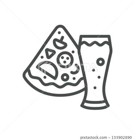 Pizza and Beer Icon. Simple Line Illustration of Pizza Slice with Tall Glass of Beer, Symbolizing Casual Dining, Pub Snack and Social Gathering. 133902890